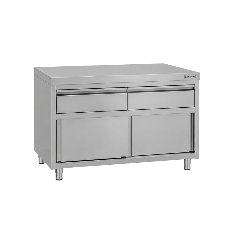 Szafka robocza ze stali nierdzewnej ECO – 1200 x 600 mm – z 2 szufladami i drzwiami przesuwnymi