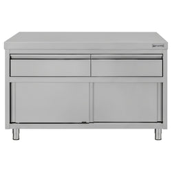 Szafka robocza ze stali nierdzewnej ECO – 1200 x 600 mm – z 2 szufladami i drzwiami przesuwnymi