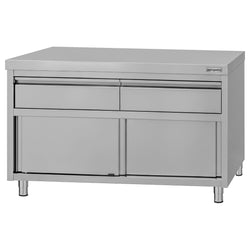 Szafka robocza ze stali nierdzewnej ECO – 1200 x 600 mm – z 2 szufladami i drzwiami przesuwnymi