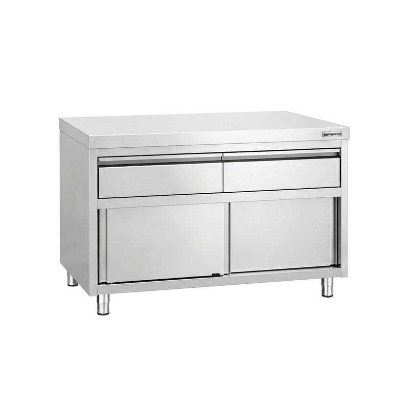 Szafka robocza ze stali nierdzewnej PREMIUM – 1200 x 600 mm – z 2 szufladami i drzwiami przesuwnymi