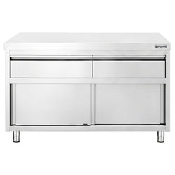 Szafka robocza ze stali nierdzewnej PREMIUM – 1200 x 600 mm – z 2 szufladami i drzwiami przesuwnymi