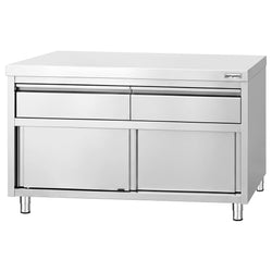 Szafka robocza ze stali nierdzewnej PREMIUM – 1200 x 600 mm – z 2 szufladami i drzwiami przesuwnymi
