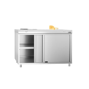 Szafka robocza ze stali nierdzewnej PREMIUM - 1200 x 800 mm - z drzwiami przesuwnymi - w zestawie deska do krojenia w kolorze białym - Prime Gastro