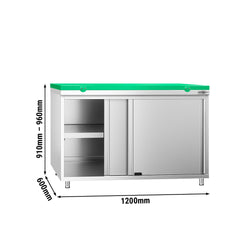 Szafka robocza ze stali nierdzewnej PREMIUM - 1200 x 600 mm - z drzwiami przesuwnymi - wraz z deską do krojenia w kolorze zielonym