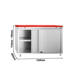 Szafka robocza ze stali nierdzewnej PREMIUM - 1200 x 800 mm - z drzwiami przesuwnymi - wraz z deską do krojenia w kolorze czerwonym