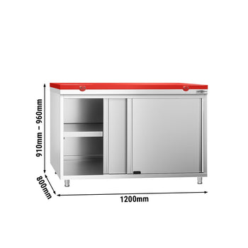 Szafka robocza ze stali nierdzewnej PREMIUM - 1200 x 800 mm - z drzwiami przesuwnymi - wraz z deską do krojenia w kolorze czerwonym - Prime Gastro