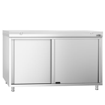 Szafka robocza ze stali nierdzewnej PREMIUM - 1400 x 700 mm - z drzwiami przesuwnymi - w zestawie deska do krojenia w kolorze białym - Prime Gastro