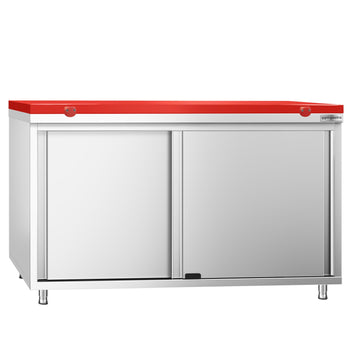 Szafka robocza ze stali nierdzewnej PREMIUM - 1400 x 800 mm - z drzwiami przesuwnymi - wraz z deską do krojenia w kolorze czerwonym - Prime Gastro
