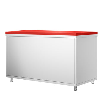 Szafka robocza ze stali nierdzewnej PREMIUM - 1400 x 800 mm - z drzwiami przesuwnymi - wraz z deską do krojenia w kolorze czerwonym - Prime Gastro
