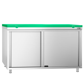 Szafka robocza ze stali nierdzewnej PREMIUM - 1400 x 600 mm - z drzwiami przesuwnymi - wraz z deską do krojenia w kolorze zielonym - Prime Gastro