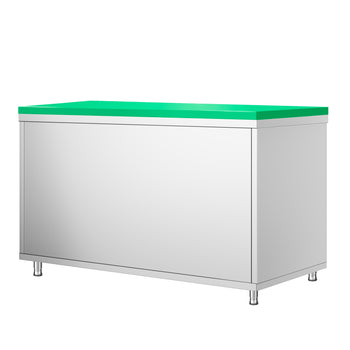 Szafka robocza ze stali nierdzewnej PREMIUM - 1400 x 600 mm - z drzwiami przesuwnymi - wraz z deską do krojenia w kolorze zielonym - Prime Gastro