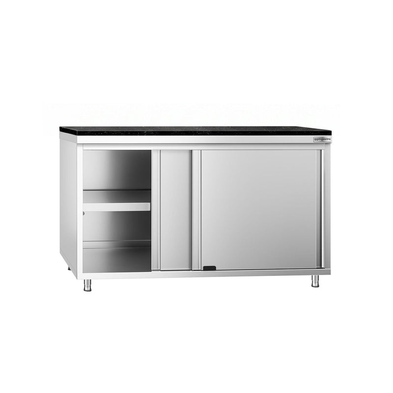Szafka robocza ze stali nierdzewnej PREMIUM – 1400 x 700 mm – z drzwiami przesuwnymi – wraz z blatem granitowym