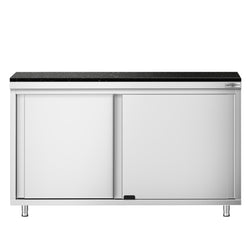 Szafka robocza ze stali nierdzewnej PREMIUM – 1400 x 600 mm – z drzwiami przesuwnymi – wraz z blatem granitowym