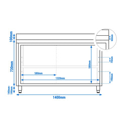 Stainless Steel Floor Cupboard PREMIUM - 1400x800mm - with Sliding Doors & Upstand