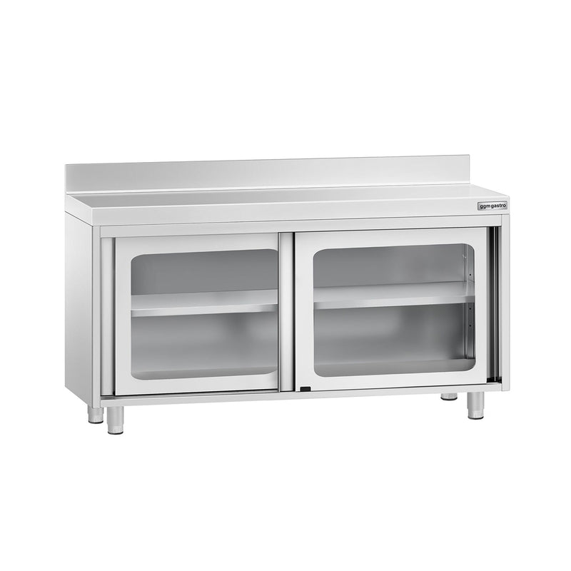 Szafka robocza ze stali nierdzewnej PREMIUM - 1400x700mm - z szklanymi drzwiami suwanymi, półką pośrednią, z rantem