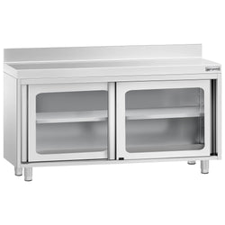 Szafka robocza ze stali nierdzewnej PREMIUM - 1400x700mm - z szklanymi drzwiami suwanymi, półką pośrednią, z rantem