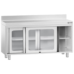 Szafka robocza ze stali nierdzewnej PREMIUM - 1400x600mm - z szklane drzwi suwane, z rantem