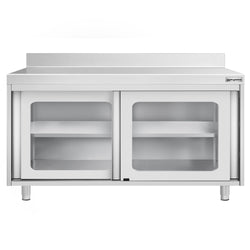 Szafka robocza ze stali nierdzewnej PREMIUM - 1400x600mm - z szklane drzwi suwane, z rantem