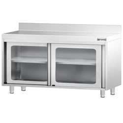 Szafka robocza ze stali nierdzewnej PREMIUM - 1400x600mm - z szklane drzwi suwane, z rantem