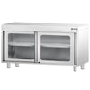 Szafka robocza PREMIUM – stal nierdzewna – 1400 x 600 mm – z drzwiami szklanymi przesuwnymi