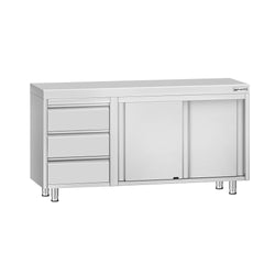 Szafka robocza ze stali nierdzewnej ECO - 1400x600mm - z drzwiami suwanymi, 3 szuflady po lewej stronie