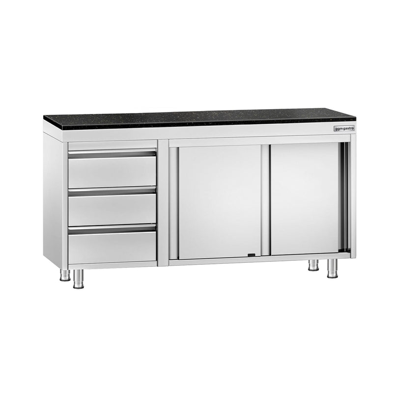 Szafka robocza ze stali nierdzewnej PREMIUM – 1400 x 600 mm – z 3 szufladami po lewej stronie – wraz z blatem granitowym