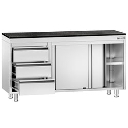 Szafka robocza ze stali nierdzewnej PREMIUM – 1400 x 600 mm – z 3 szufladami po lewej stronie – wraz z blatem granitowym