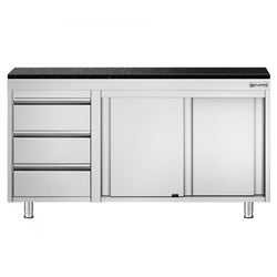 Szafka robocza ze stali nierdzewnej PREMIUM – 1400 x 700 mm – z 3 szufladami po lewej stronie – wraz z blatem granitowym