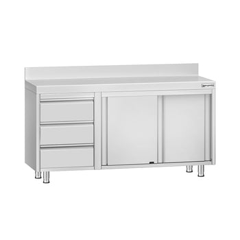 Szafka robocza ze stali nierdzewnej ECO - 1400x600 mm - z 3 szufladami po lewej stronie i panelem tylnym - Prime Gastro