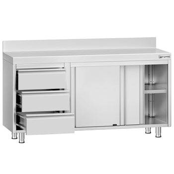 Szafka robocza ze stali nierdzewnej ECO - 1400x600 mm - z 3 szufladami po lewej stronie i panelem tylnym - Prime Gastro