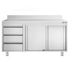 Stainless Steel Floor Cupboard PREMIUM - 1400x600mm - with Sliding Doors | 3 Drawers left & Upstand