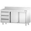 Stainless Steel Floor Cupboard PREMIUM - 1400x600mm - with Sliding Doors | 3 Drawers left & Upstand