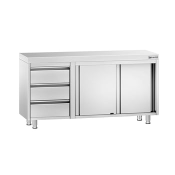 Stainless Steel Floor Cupboard PREMIUM - 1400x600mm - with Sliding Doors - with 3 Drawers left