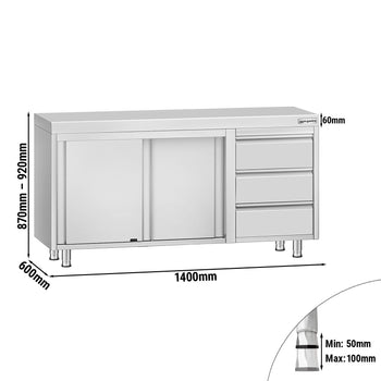 Szafka robocza ze stali nierdzewnej ECO - 1400 x 600 mm - z 3 szufladami po prawej stronie - Prime Gastro