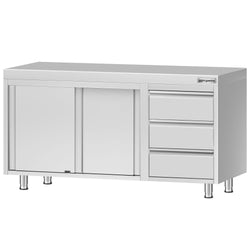 Stainless Steel Floor Cupboard ECO - 1400x600mm - with Sliding Doors - with 3 Drawers right