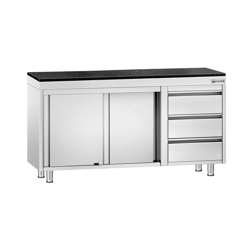 Szafka robocza ze stali nierdzewnej PREMIUM – 1400 x 700 mm – z 3 szufladami po prawej stronie – wraz z blatem granitowym