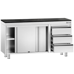 Szafka robocza ze stali nierdzewnej PREMIUM – 1400 x 700 mm – z 3 szufladami po prawej stronie – wraz z blatem granitowym