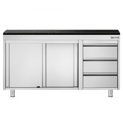 Szafka robocza ze stali nierdzewnej PREMIUM – 1400 x 700 mm – z 3 szufladami po prawej stronie – wraz z blatem granitowym