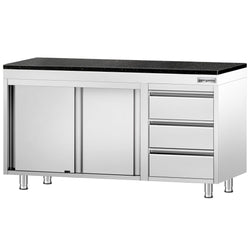 Szafka robocza ze stali nierdzewnej PREMIUM – 1400 x 700 mm – z 3 szufladami po prawej stronie – wraz z blatem granitowym