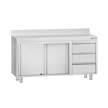 Szafka robocza ze stali nierdzewnej ECO - 1400x600 mm - z 3 szufladami po prawej stronie i panelem tylnym - Prime Gastro