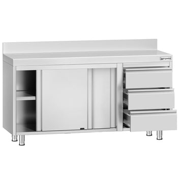 Szafka robocza ze stali nierdzewnej ECO - 1400x600 mm - z 3 szufladami po prawej stronie i panelem tylnym - Prime Gastro