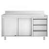 Stainless Steel Floor Cupboard PREMIUM - 1400x600mm - with Sliding Doors, 3 Drawers right & Upstand