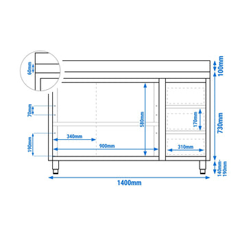 Szafka robocza ze stali nierdzewnej ECO - 1400x600 mm - z 3 szufladami po prawej stronie i panelem tylnym - Prime Gastro