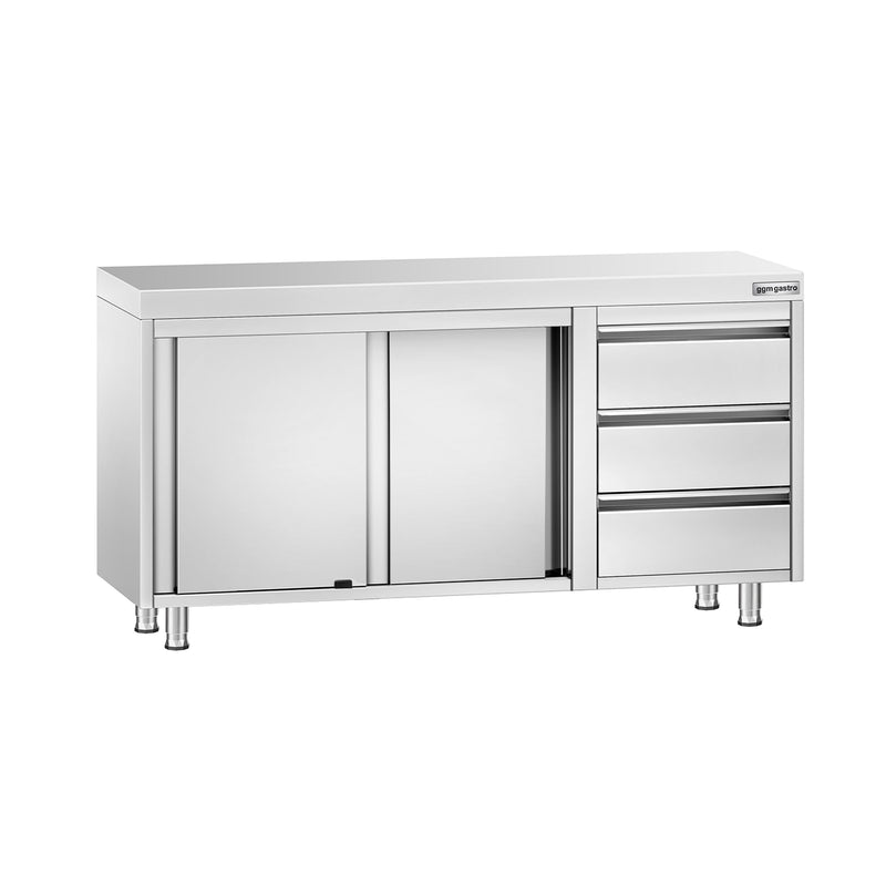 Stainless Steel Floor Cupboard PREMIUM - 1400x600mm - with Sliding Doors | 3 Drawers right