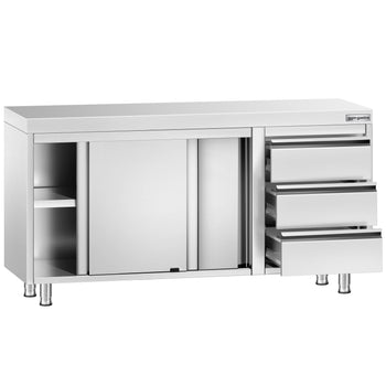 Szafka robocza ze stali nierdzewnej PREMIUM – 1400 x 600 mm – z 3 szufladami po prawej stronie - Prime Gastro