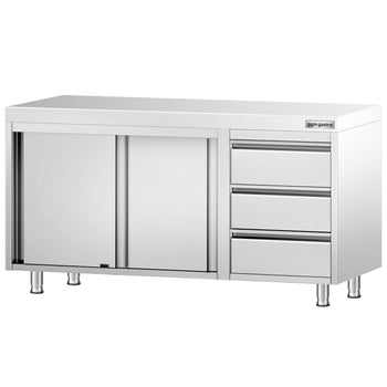 Szafka robocza ze stali nierdzewnej PREMIUM – 1400 x 600 mm – z 3 szufladami po prawej stronie - Prime Gastro