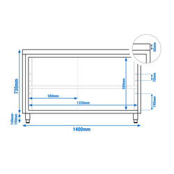 Szafka robocza PREMIUM – stal nierdzewna – 1400 x 700 mm – z drzwiami przesuwnymi