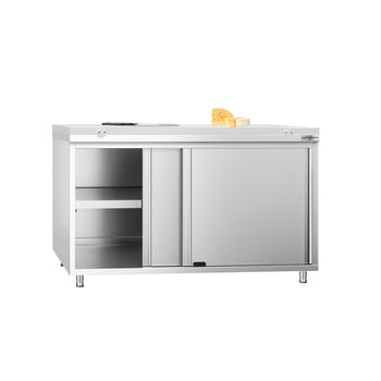 Szafka robocza ze stali nierdzewnej PREMIUM - 1400 x 700 mm - z drzwiami przesuwnymi - w zestawie deska do krojenia w kolorze białym - Prime Gastro
