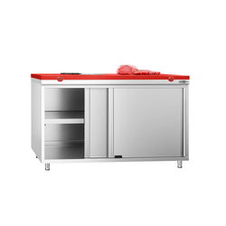Stainless Steel Floor Cupboard PREMIUM - 1400x700mm - with Sliding Doors - incl. Chopping Board Red