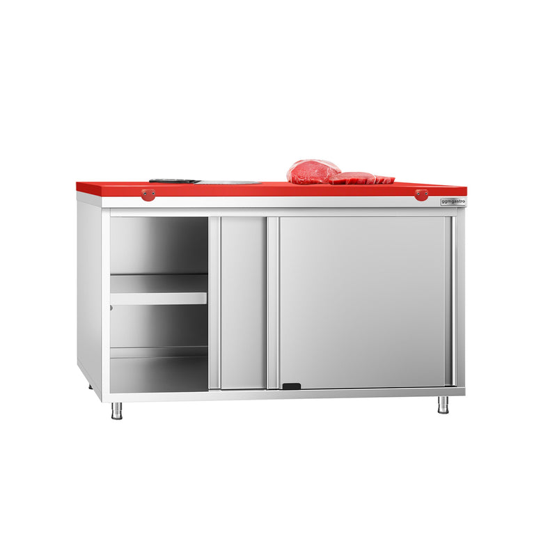 Stainless Steel Floor Cupboard PREMIUM - 1400x700mm - with Sliding Doors - incl. Chopping Board Red